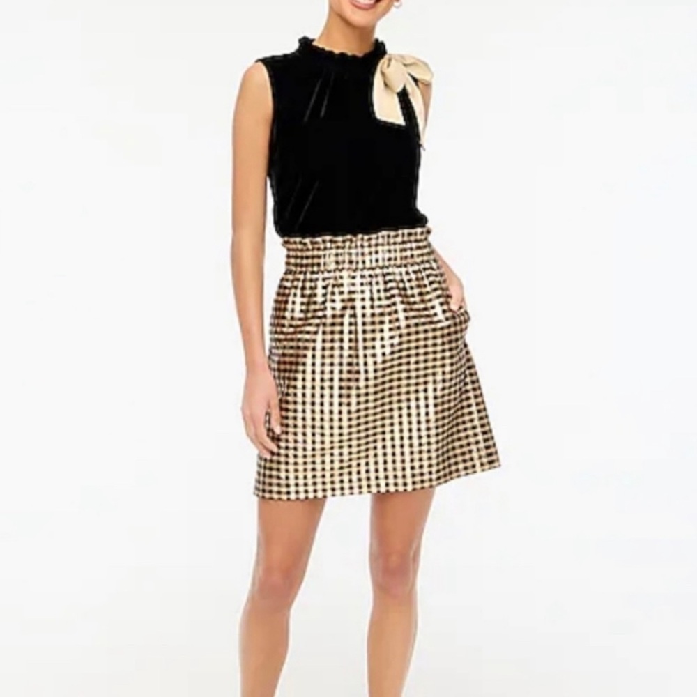 J. Crew Factory paper bag pull on skirt & velvet bow tie top Black & Gold plaid